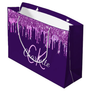 Paarse glitters roze druipend monogram groot cadeauzakje