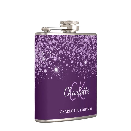 Paarse glitterscherf monogram naam script heupfles (Rechts)