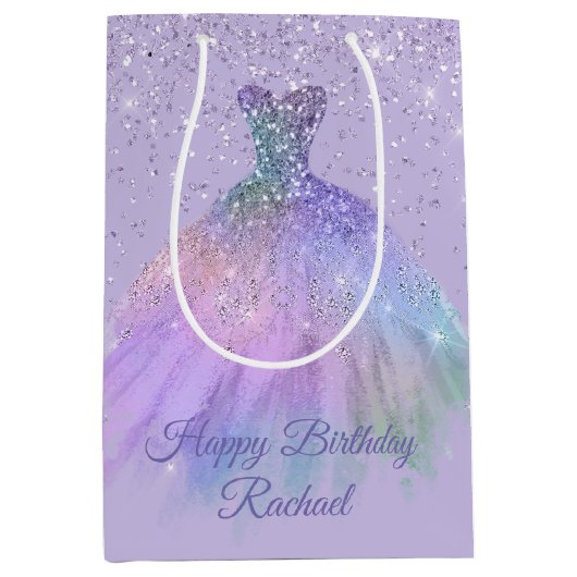  Paarse Glittery Ball Gown Gift Bag Medium Cadeauzakje (Voorkant)