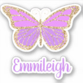 Paarse Glittery Gold Butterfly Name Sticker (Voorkant)