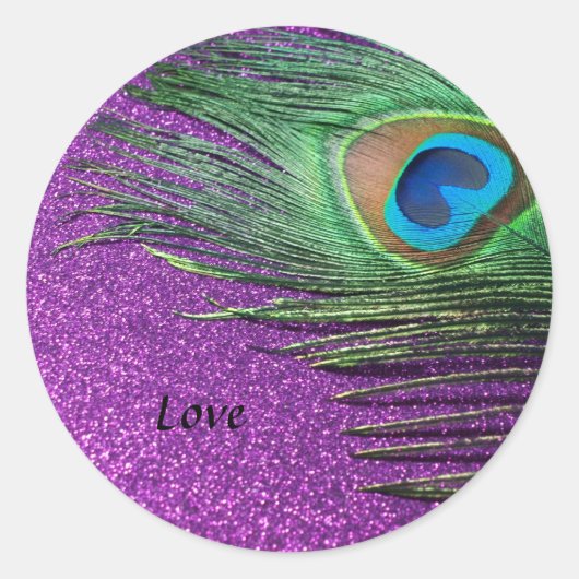 Paarse glittery Peacock Feather still Life Ronde Sticker (Voorkant)
