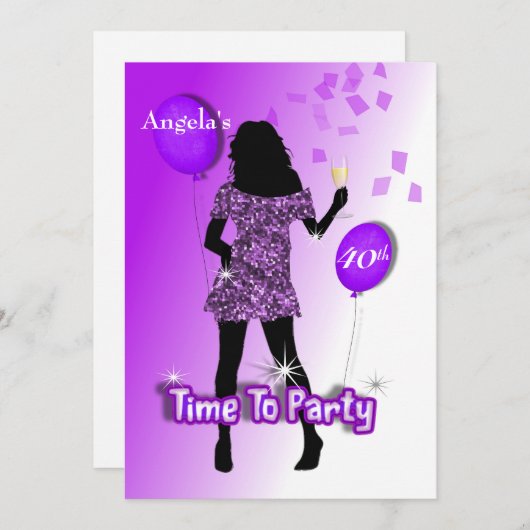 Paarse Glitzy Girly Time to Party Personalized Kaart (Voorkant / Achterkant)