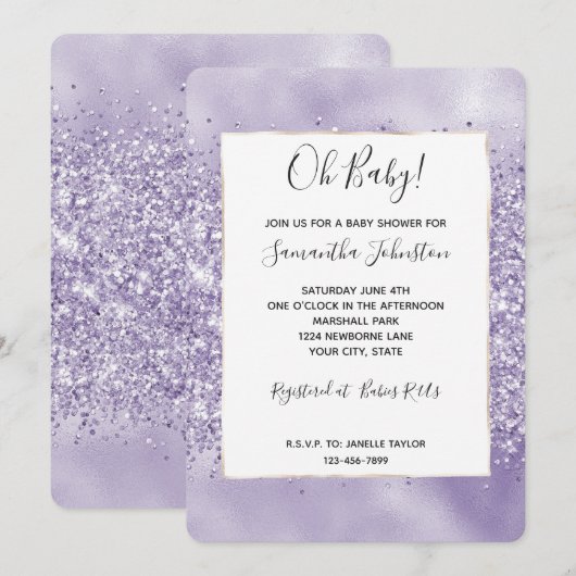 Paarse Glitzy Glitter Baby Shower Kaart (Voorkant / Achterkant)
