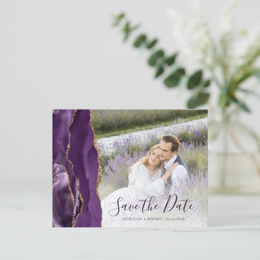 Paarse Gold Agate - Aangepaste foto Opslaan Datum Briefkaart (Staand voorkant)