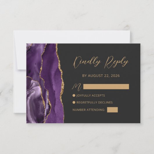 Paarse Gold Agate Script Bruiloft RSVP Kaart (Voorkant)