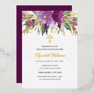 Paarse Gold Amethyst Floral Girl Baptism Folie Folie Uitnodiging