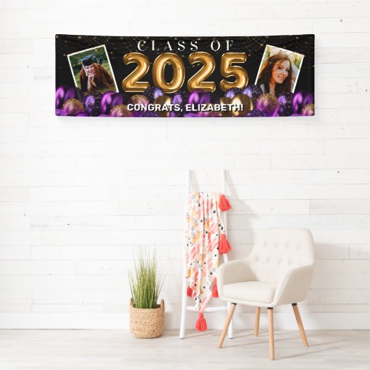 Paarse Gold Class of 2025 Photo Afstuderen Spandoek (Insitu)