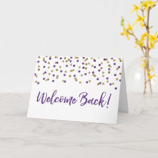Paarse Gold Confetti Welkomstback Kaart (Gele Bloem)