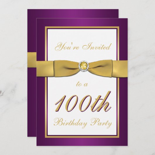 Paarse, Gold en White 100e verjaardag Uitnodiging (Voorkant / Achterkant)