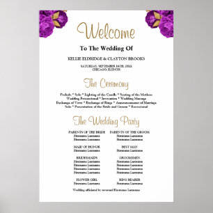 Paarse/Gold Floral Wedding Ceremony Program Sign. Poster