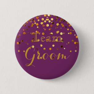 Paarse Gold Glitter Faux Folie Wedding Team Groom Ronde Button 5,7 Cm