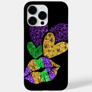 PAARSE GOLD GREEN MARDI GRAS HOARTS EN LIPS Case-Mate iPhone 14 PRO MAX HOESJE