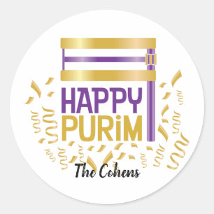 Paarse Gold Happy Purim en Grogger Ronde Sticker