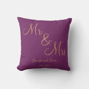 Paarse Gold Linen Mr. en Mrs Wedding Kussen