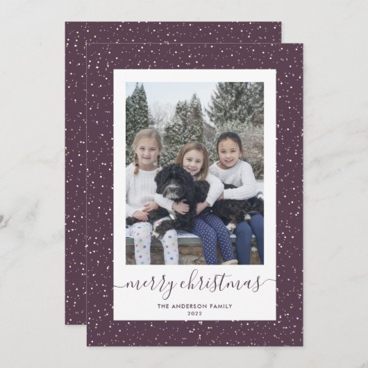 Paarse Gold Snowy Photo Merry Kerstmis Kaarten (Voorkant / Achterkant)