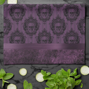 Paarse Gothic Chic   Eggplant en zwarte Skulls Theedoek