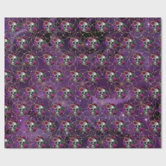 Paarse Gothische schedel en Rozen Verpakkingspapie Cadeaupapier (Vlak)