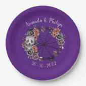 Paarse Gotische schedel Rozen krans Halloween brui Papieren Bordje (Voorkant)