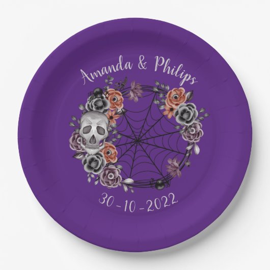 Paarse gotische schedelrozenkrans Halloween-bruilo Papieren Bordje (Voorkant)
