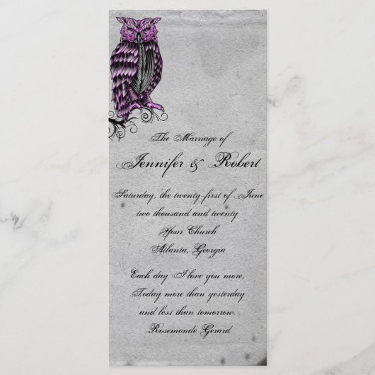 Paarse Gotische Uil Posh Bruiloft Programma (Voorkant)