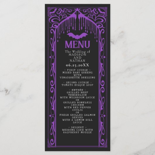 Paarse Gotische Vampier Kathedraal Wedding Menu (Voorkant)