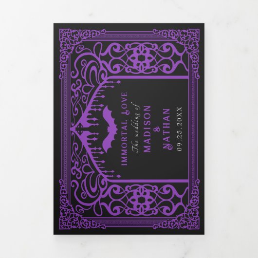 Paarse Gotische Vampier Kathedraal Wedding QR Code Drieluik Uitnodiging (Cover)
