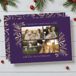 Paarse Goud 4 Foto Familie Kerst Collage Feestdagenkaart