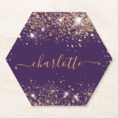 Paarse goud glinsterende naam script kartonnen onderzetters (Voorkant)