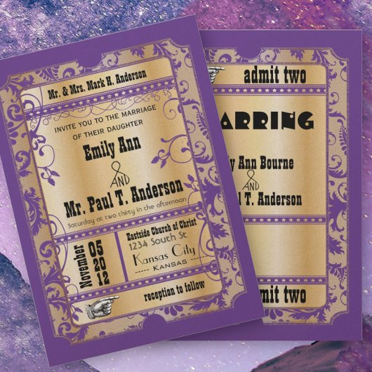 Paarse goudbijtende Ticket Wedding Kaart