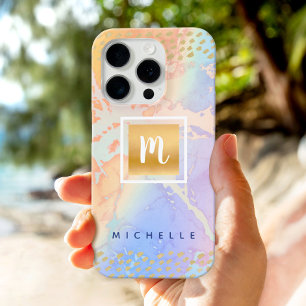 Paarse goudblauwe waterverf moderne monogram iPhone 16 pro hoesje