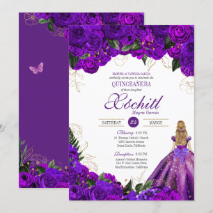 Paarse goudbloemen Rozen Elegant Quinceanera Kaart