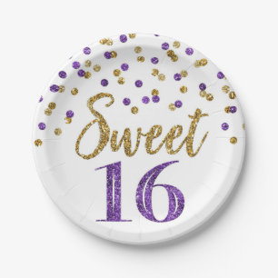 Paarse goudConfetti Sweet 16 Birthday Party Papieren Bordje