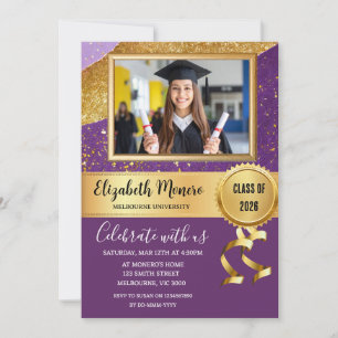 Paarse Gouden Afstudeerfoto Uitnodiging