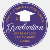 Paarse Gouden Afstuderen 2025 Custom Party Ronde Sticker (Voorkant)