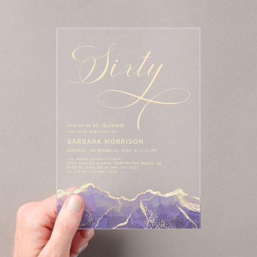 Paarse Gouden Agaat 60e Zestig Verjaardagsfeest Acryl Uitnodigingen (Insitu (Draagbaar))