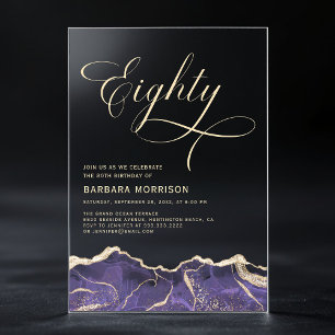 Paarse gouden agaat 80e tachtig verjaardagsfeest acryl uitnodigingen