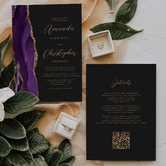 Paarse gouden agaat Dark QR Code Wedding Kaart