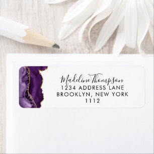 Paarse gouden agaat geode script typografie adres etiket