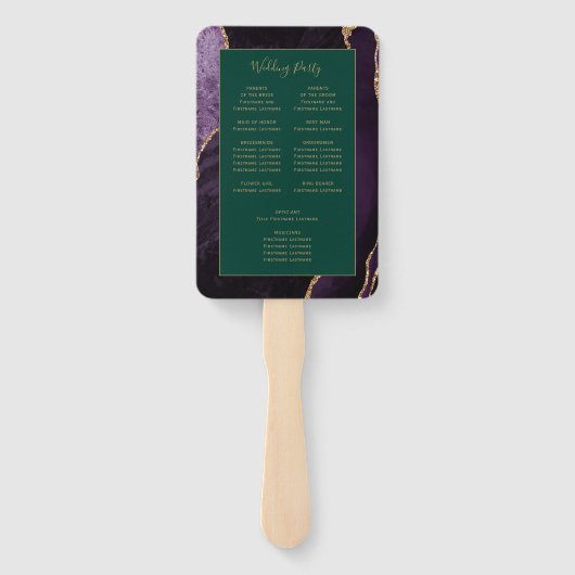 Paarse gouden agaat smaragdgroen huwelijksprogramm handwaaier (Achterkant)