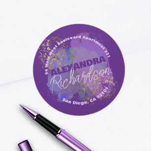 Paarse gouden artistieke ronde retour adreslabel sticker