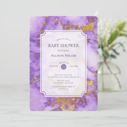 Paarse & gouden Baby shower uitnodiging (Staand voorkant)