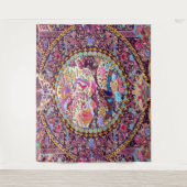 Paarse Gouden Blauwe Perzische Bloemen Pauw Wandkleed (Voorkant)