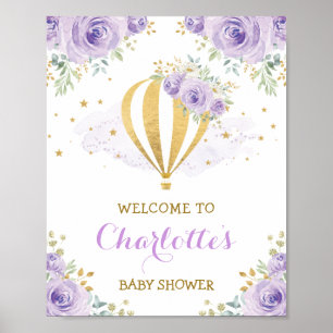 Paarse Gouden Bloem Hot Air Balloon Welkom Baby Poster