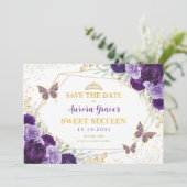 Paarse Gouden Bloem Sweet Sixteen Save the Date Aankondiging (Staand voorkant)