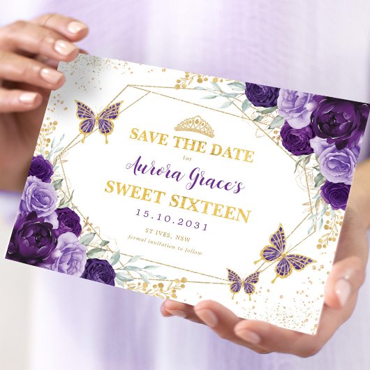 Paarse Gouden Bloem Sweet Sixteen Save the Date Aankondiging