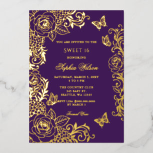 Paarse Gouden Bloem Vlinder Sweet 16 Folie Uitnodiging