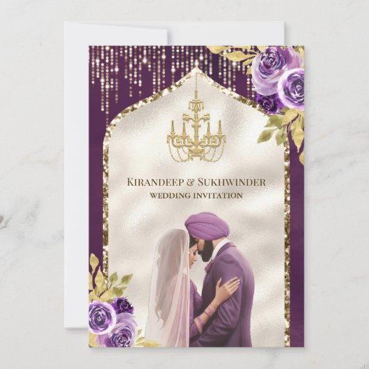 Paarse Gouden Bloemen Anand Karaj Sikh Bruiloft Kaart (Voorkant)