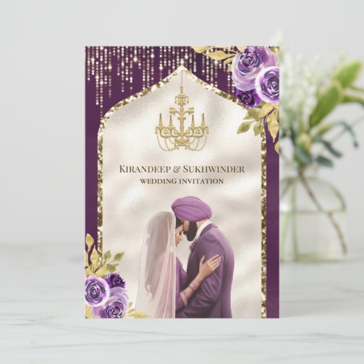 Paarse Gouden Bloemen Anand Karaj Sikh Bruiloft Kaart (Staand voorkant)