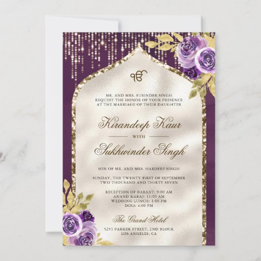 Paarse Gouden Bloemen Anand Karaj Sikh Bruiloft Kaart (Achterkant)