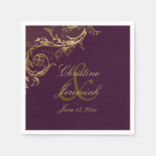  Paarse Gouden Bloemen Damask Script Wedding Servet